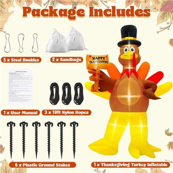 12FT Inflatable Turkey, LED Lighted Turkey Holding Happy Thanksgiving Sign - Picture 6 of 8